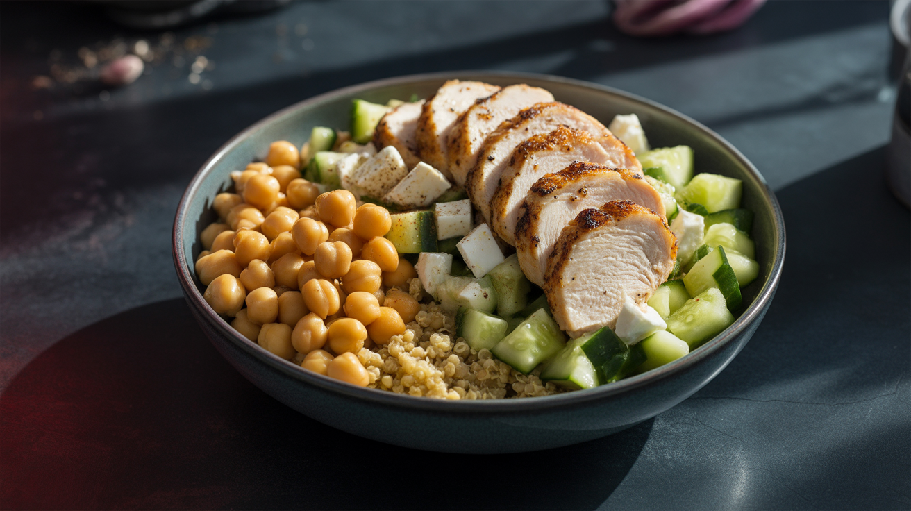 high-Protein lunch bowl chickpea cucumber feta salad